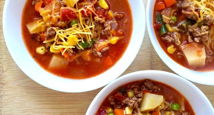 3 bowls of Hamburger Vegetable Soup