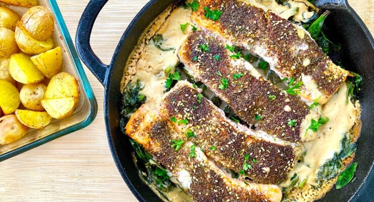 Mediterranean Za’atar Salmon with Garlic Tahini Sauce and spinach
