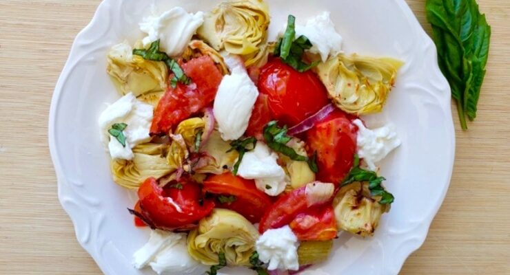 Grilled Artichoke and Tomato Salad with Burrata