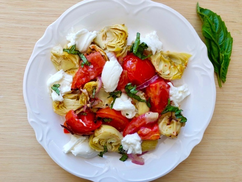 Grilled Artichoke and Tomato Salad with Burrata